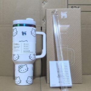 Gourde Stanley Flowstate Tumbler avec anse — blanc avec motif dégradé irisé, motif personnage félin stylisé avec noeud