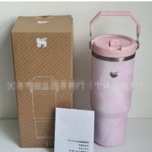 Gourde Stanley IceFlow Flip Straw Tumbler 30 OZ / 887 mL avec anse — rose pâle marbré, anse et couvercle roses