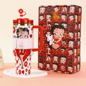Gourde Stanley Quencher H2.0 Tumbler avec anse — blanc et rouge, motif personnage féminin de dessin animé aux
