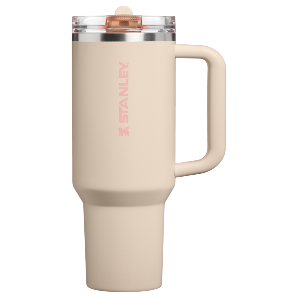 Gourde Stanley Quencher ProTour Tumbler 40 OZ (partiellement lisible) avec anse — doré, anse rose foncé, couvercle transparent