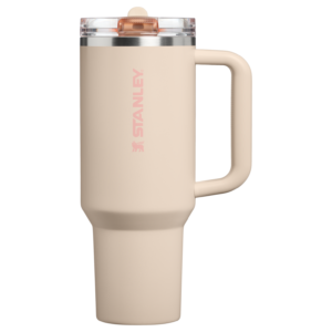 Gourde Stanley Quencher ProTour Tumbler 40 OZ (partiellement lisible) avec anse — doré, anse rose foncé, couvercle transparent