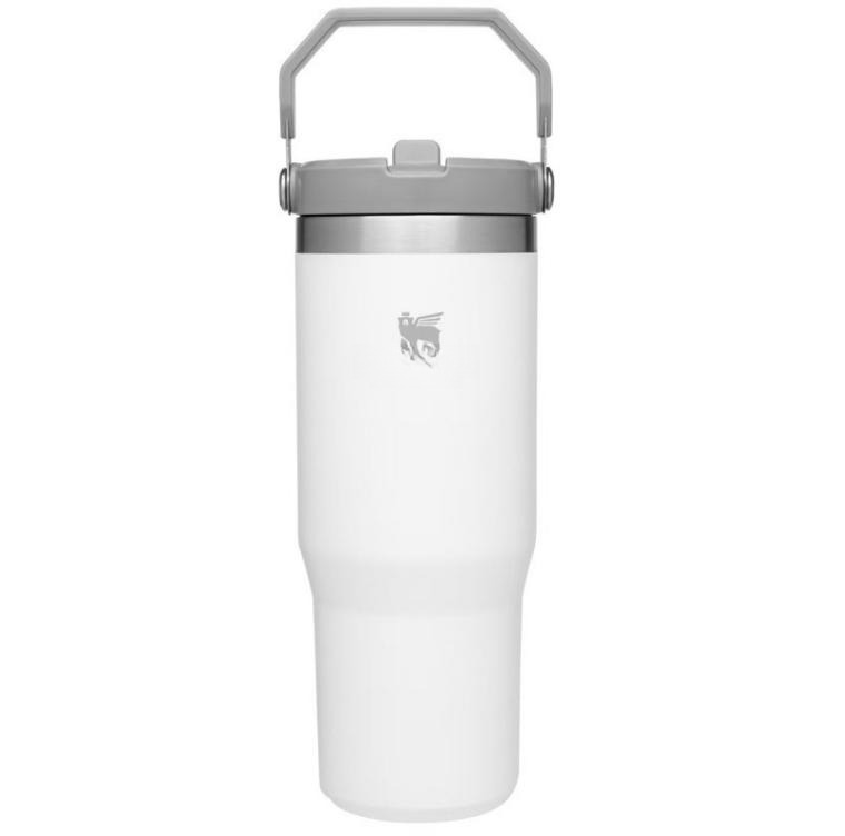 Gourde Stanley Quencher Tumbler avec anse — blanc avec couvercle et poignée gris clair