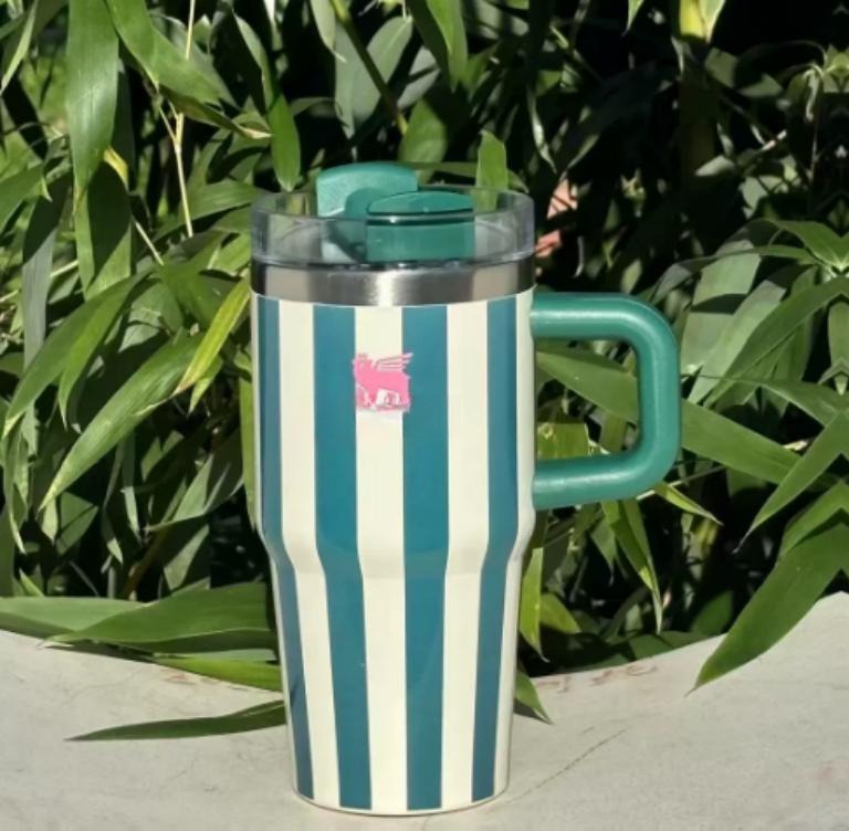 Gourde Stanley Quencher Tumbler avec anse — bleu-vert et blanc à rayures, motif rayures verticales bleu-vert (teal) et