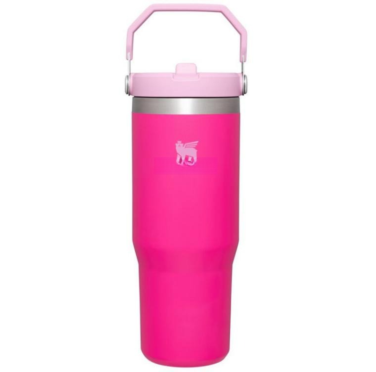 Gourde Stanley Quencher Tumbler avec anse — rose fuchsia avec couvercle et poignée rose clair