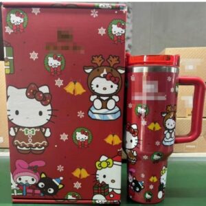 Gourde Stanley Quencher Tumbler avec anse — rouge scintillant, motif personnage chat blanc avec nœud