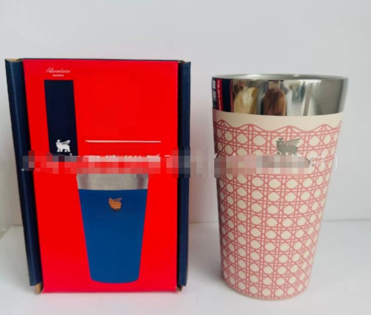Gourde Stanley Stacking Beer Pint 16 oz | 473 mL avec anse — crème et rose, motif treillis/losanges rose sur fond crème