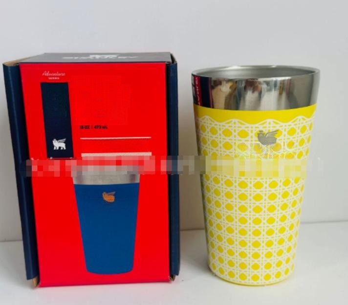 Gourde Stanley Stacking Beer Pint 16 oz | 473 mL avec anse — jaune, motif treillis/losanges blanc sur fond jaune